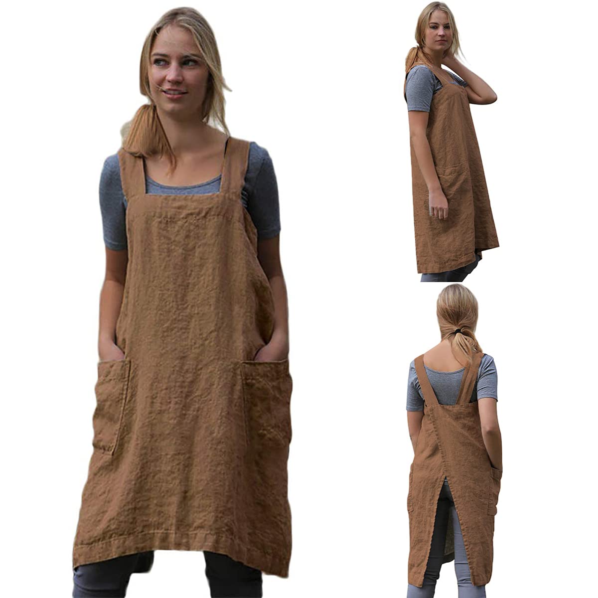 TBA Cotton Linen Apron Cross Back Apron for Women with Big Pockets Square Pinafore Dress for Baking Cooking BBQ & Grill