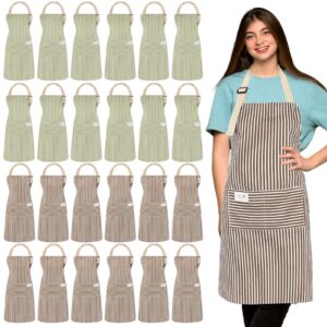 janmercy 24 pcs aprons for women men with 2 pockets linen cooking kitchen apron adjustable bib chef apron bulk aprons unisex (brown/green stripes)