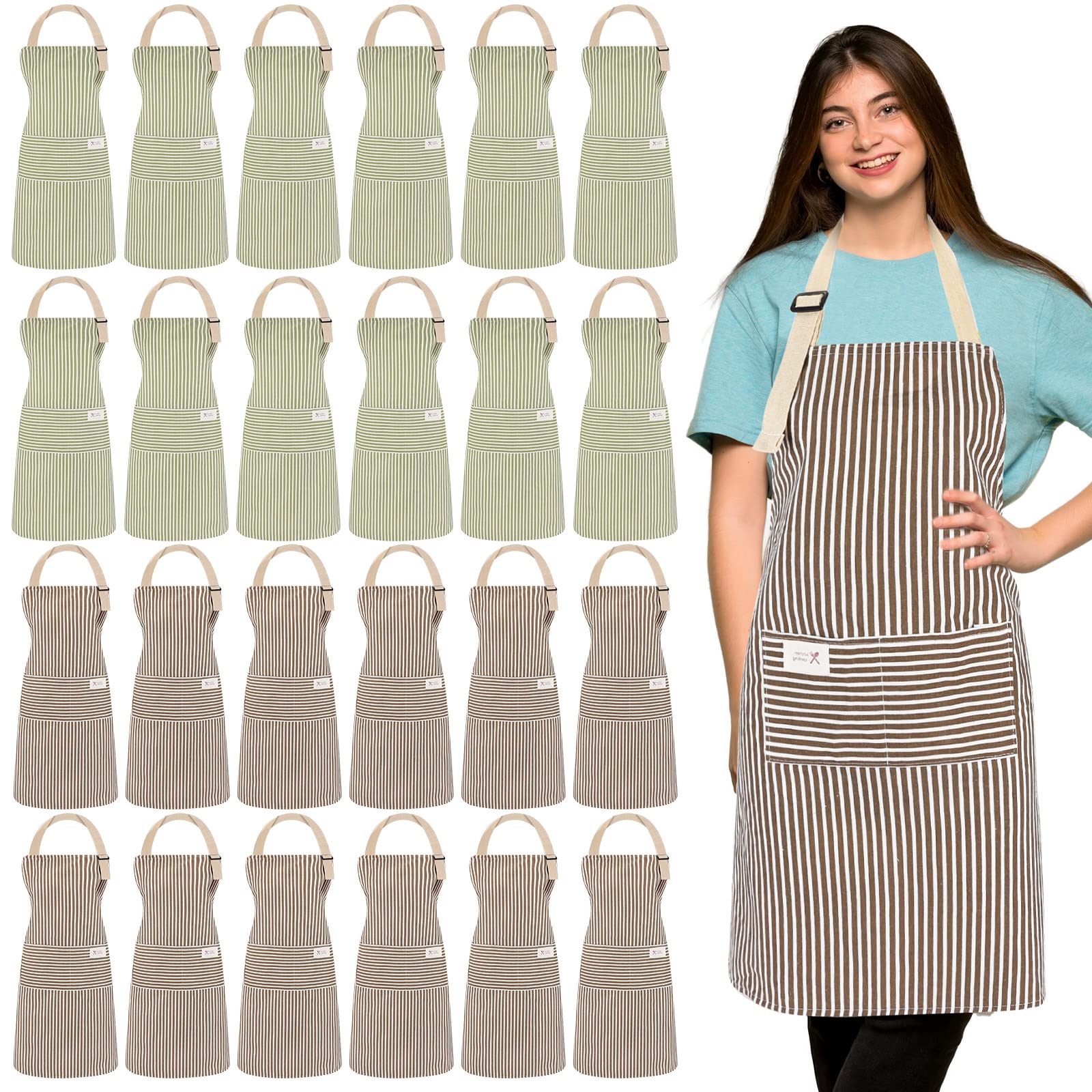 Janmercy 24 Pcs Aprons for Women Men with 2 Pockets Linen Cooking Kitchen Apron Adjustable Bib Chef Apron Bulk Aprons Unisex (Brown/Green Stripes)