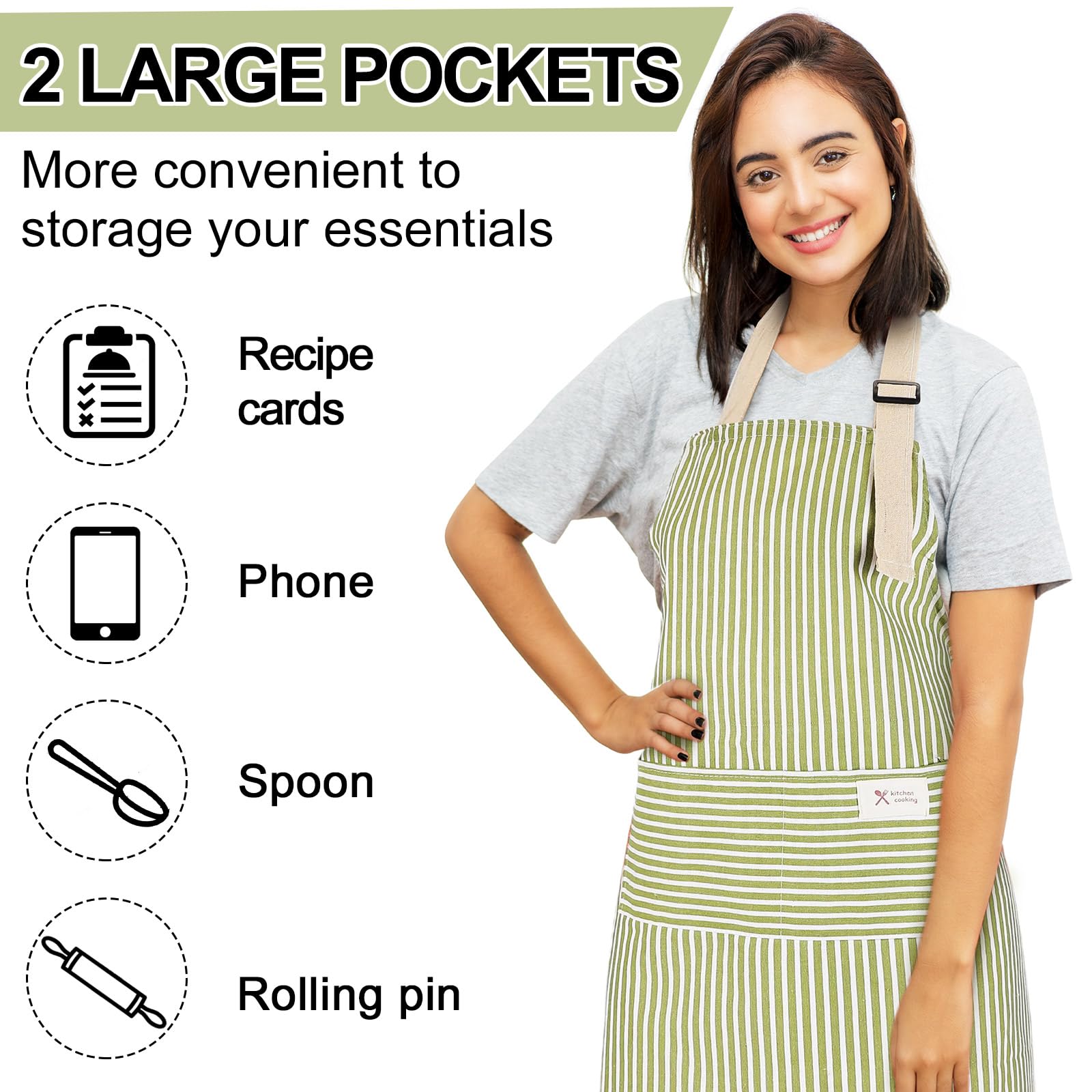 Janmercy 24 Pcs Aprons for Women Men with 2 Pockets Linen Cooking Kitchen Apron Adjustable Bib Chef Apron Bulk Aprons Unisex (Brown/Green Stripes)