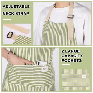 Janmercy 24 Pcs Aprons for Women Men with 2 Pockets Linen Cooking Kitchen Apron Adjustable Bib Chef Apron Bulk Aprons Unisex (Brown/Green Stripes)