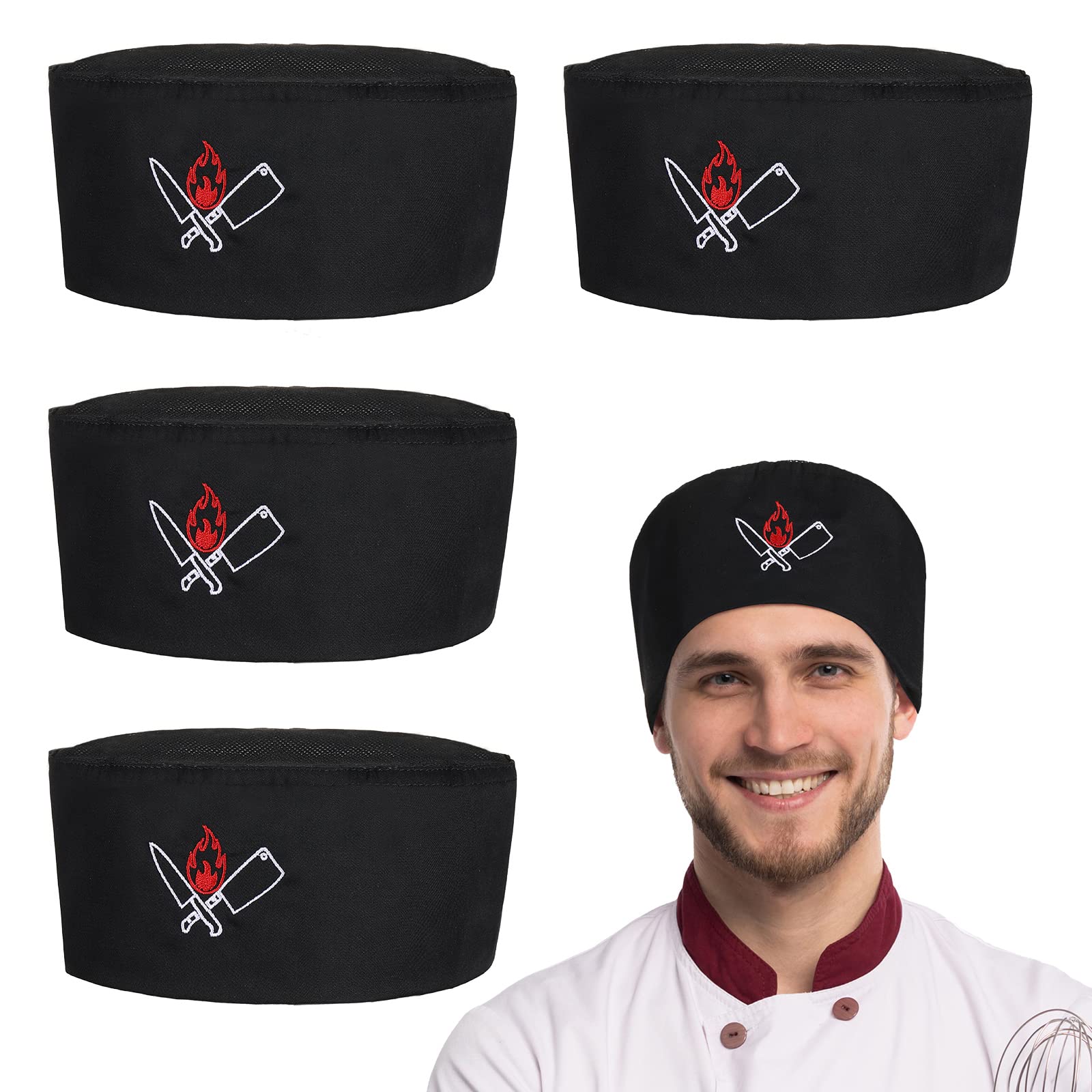 4 Pieces Unisex Chef Hat Mesh Top Skull Hat Fabric Chef Hat Kitchen Cooking Beanie Hat Elastic Food Service Skull Hat for Adults Mixed Color One Size (Black,Simple Style)