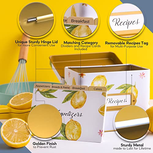 HEART & BERRY Lemon Recipe Box with 24 4x6 Recipe Cards and 12 Dividers - Recipe Cards and Box Set - Recipe Tin for 4 X 6 Inches Recipe Cards