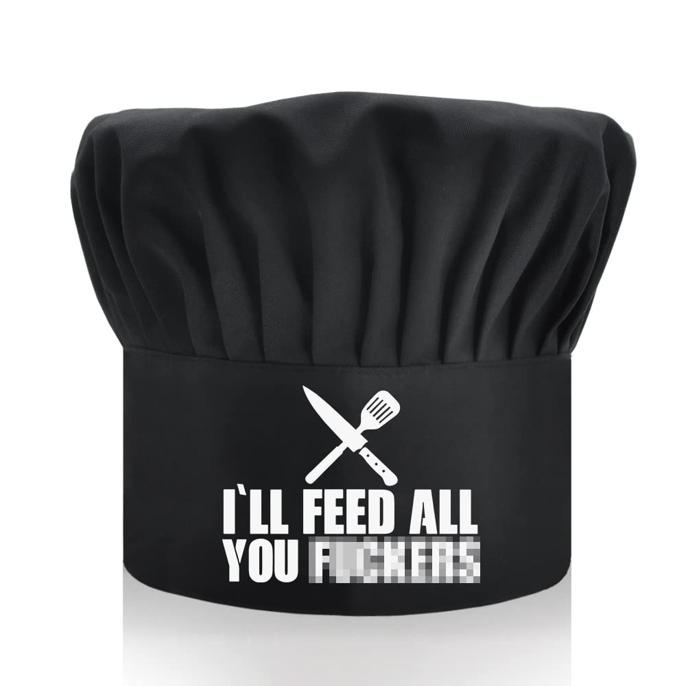 DYJYBMY I'll Feed All You, Adult Adjustable Kitchen Cooking Hat with Elastic Band Chef Baker Cap, Funny BBQ Chef Hat for Men, Woman, Husband, Dad, Boyfriend or Any Friend Black