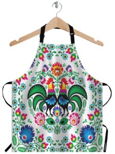wondertify polish floral folk art apron,square pattern with rooster lowicz cutouts patterns green bib apron with adjustable neck for men women,suitable for home kitchen cooking bistro baking bbq apron