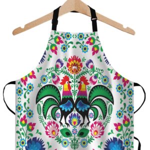 Wondertify Polish Floral Folk Art Apron,Square Pattern with Rooster Lowicz Cutouts Patterns Green Bib Apron with Adjustable Neck for Men Women,Suitable for Home Kitchen Cooking Bistro Baking BBQ Apron