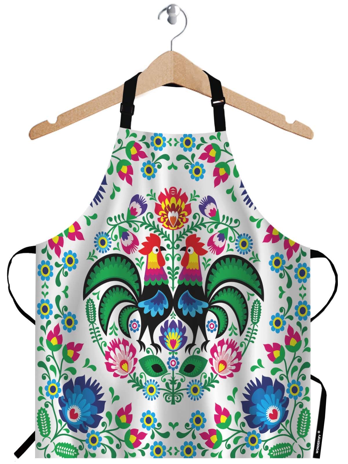 Wondertify Polish Floral Folk Art Apron,Square Pattern with Rooster Lowicz Cutouts Patterns Green Bib Apron with Adjustable Neck for Men Women,Suitable for Home Kitchen Cooking Bistro Baking BBQ Apron