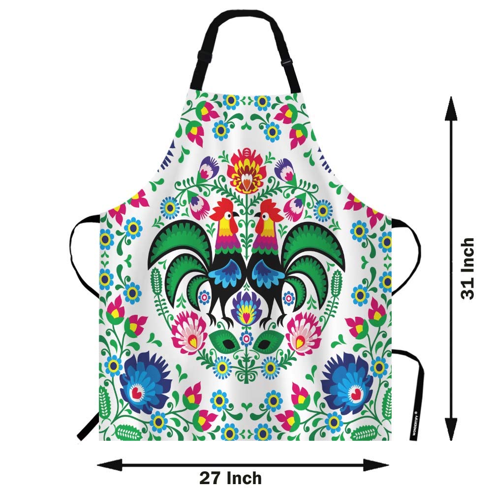 Wondertify Polish Floral Folk Art Apron,Square Pattern with Rooster Lowicz Cutouts Patterns Green Bib Apron with Adjustable Neck for Men Women,Suitable for Home Kitchen Cooking Bistro Baking BBQ Apron