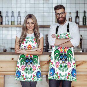 Wondertify Polish Floral Folk Art Apron,Square Pattern with Rooster Lowicz Cutouts Patterns Green Bib Apron with Adjustable Neck for Men Women,Suitable for Home Kitchen Cooking Bistro Baking BBQ Apron