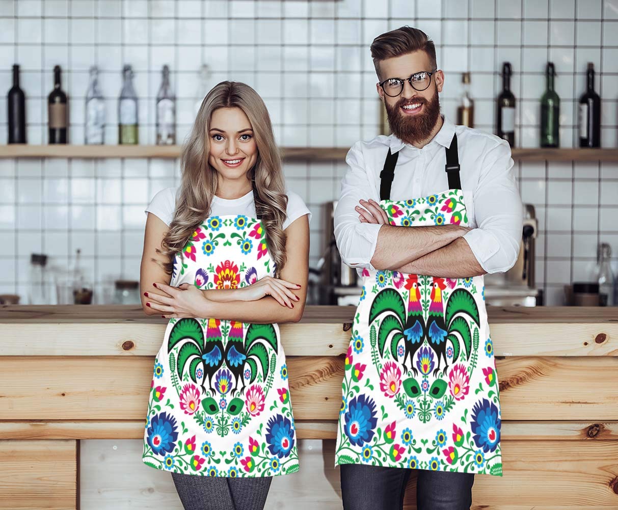 Wondertify Polish Floral Folk Art Apron,Square Pattern with Rooster Lowicz Cutouts Patterns Green Bib Apron with Adjustable Neck for Men Women,Suitable for Home Kitchen Cooking Bistro Baking BBQ Apron