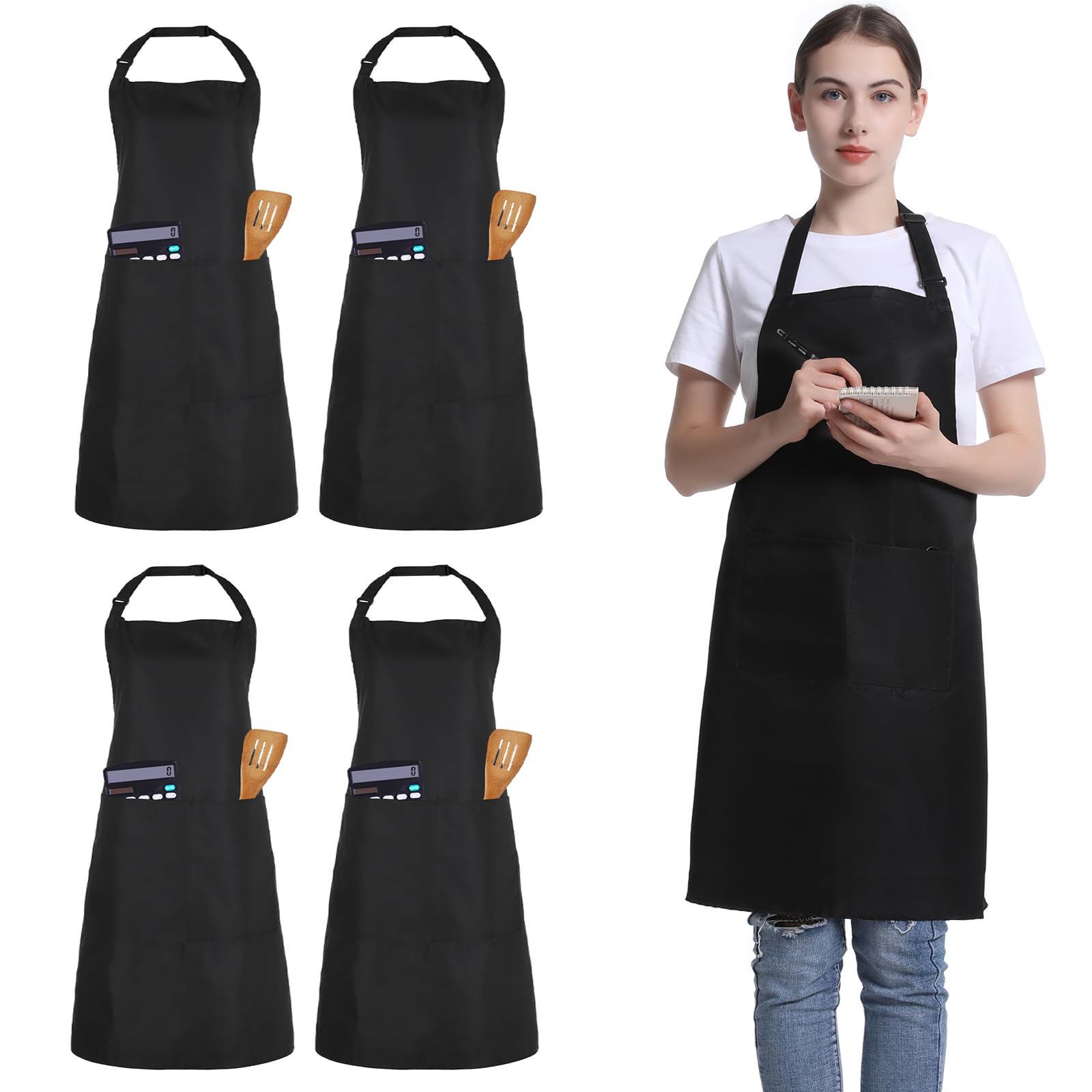 FunChaos 4 Pack Chef Apron, Adjustable Apron with 2 Pockets, Unisex Personalised Apron for Cooking, Kitchen, Restaurant (Black)