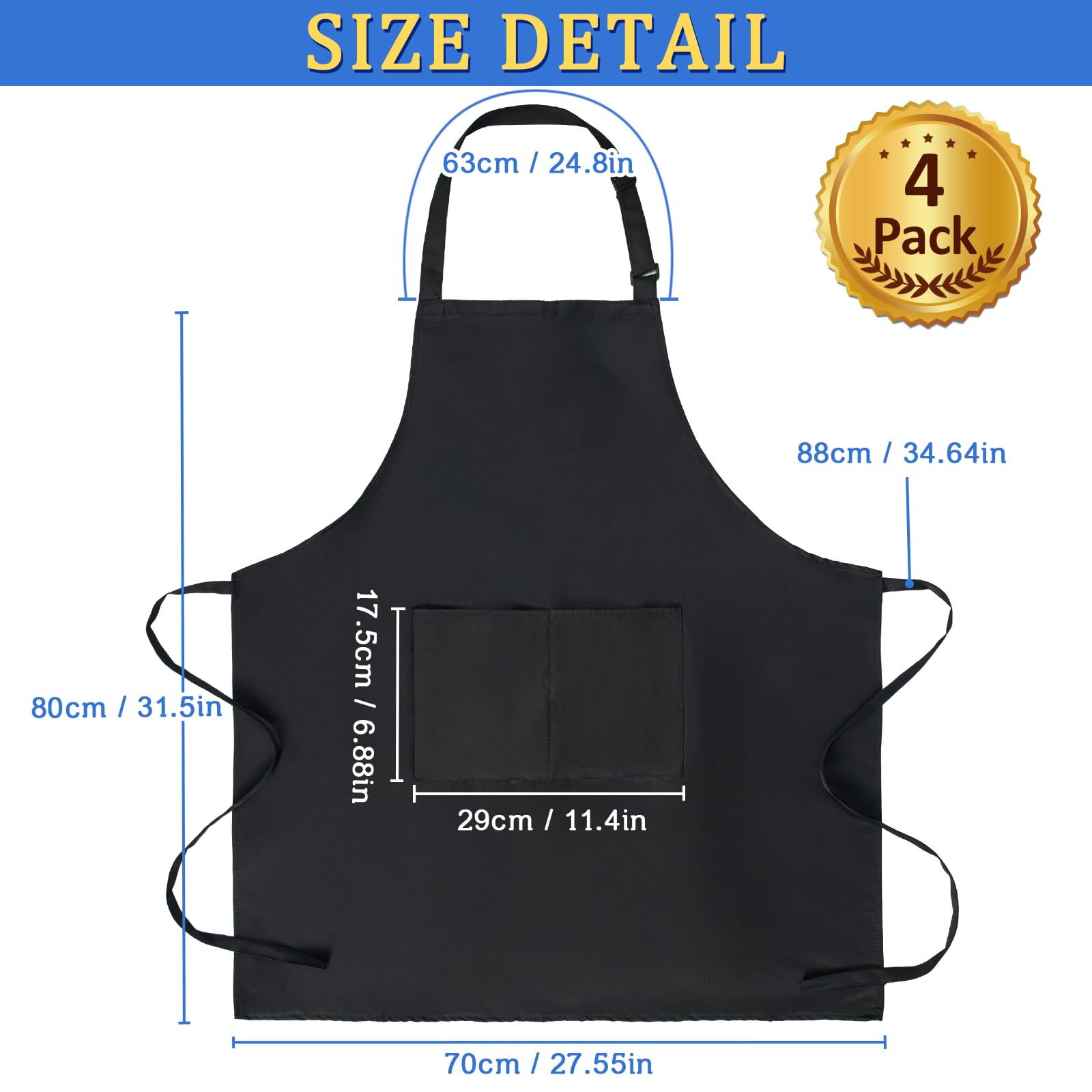 FunChaos 4 Pack Chef Apron, Adjustable Apron with 2 Pockets, Unisex Personalised Apron for Cooking, Kitchen, Restaurant (Black)