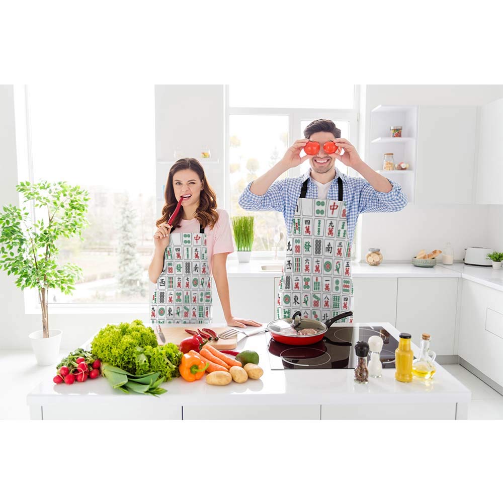 Beabes MaJiang Tiles Chef Apron 27 X 31 Inch Bamboos Dots Characters From 1 To 9 And Honors Mahjong Durable Non-Pilling Bib Apron For BBQ Grilling Gardening With Adjustable Neck Strap