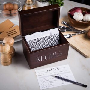 Walnut Recipe Box with Cards and Dividers by Apace - Vintage Style Wood 4x6 Recipe Holder Card Box - Exclusively from the Apace Living Premier Collection - Fits 240 Cards