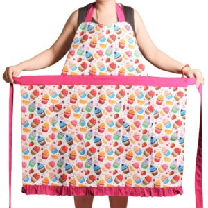 love potato aprons for women girls plus size, adjustable kitchen cooking apron with 2 pockets & extra long ties, 34x36 inch (pink cupcake)