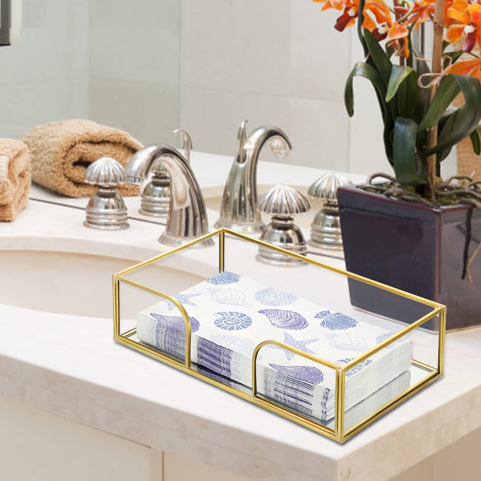 Sumnacon Bathroom Guest Towel Holder - Rectangle Glass Napkin Holder for Guest Hand Towels Paper Napkins, Decorative Napkin Holder Tray for Bathroom Vanity Toilet Tank Table Kitchen Countertop, Gold