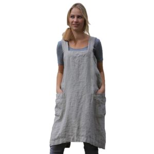women’s pinafore square apron baking cooking gardening works cross back cotton/linen blend dress with 2 pockets gray