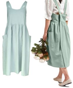 losofar women girls cross back apron gardening works cotton aprons pinafore dress (green, 32.3" x 41.3")