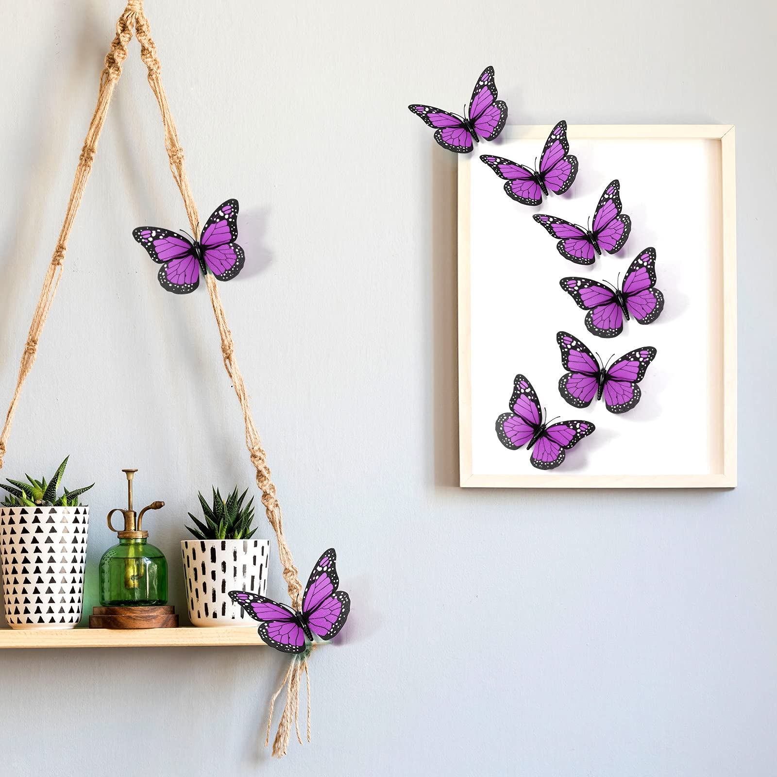 Monarch Butterfly Decorations Halloween Butterfly Wall Decor 4.7 inch Orange Artificial Fake Butterflies for Crafts 3D Magnet for Home Wall Wedding Bedroom (Purple, 24 Pieces)