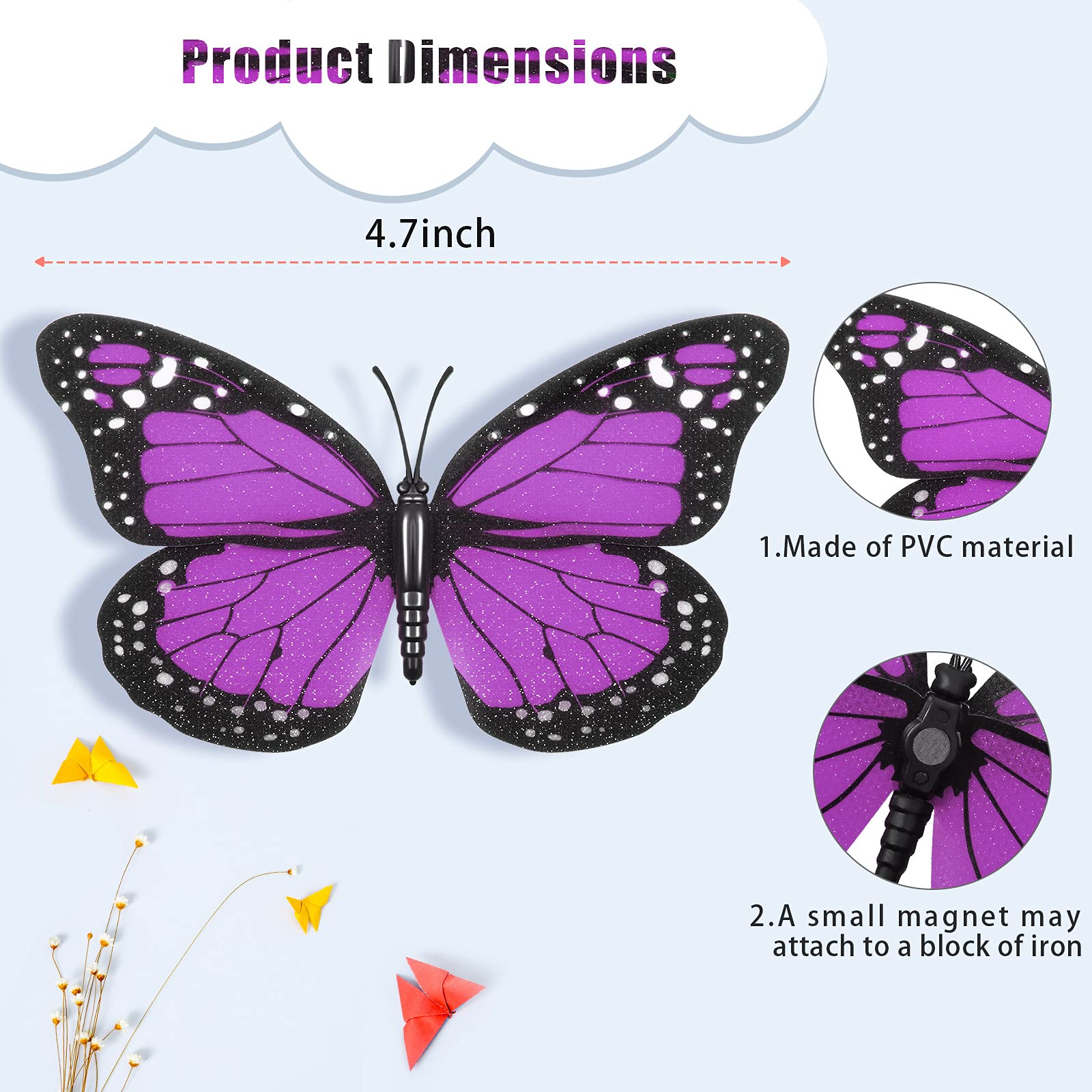 Monarch Butterfly Decorations Halloween Butterfly Wall Decor 4.7 inch Orange Artificial Fake Butterflies for Crafts 3D Magnet for Home Wall Wedding Bedroom (Purple, 24 Pieces)