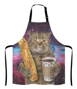 lefolen funny galaxy cat adjustable bib apron, the cat is holding a cup of black coffee and a baguette cooking kitchen apron for men women