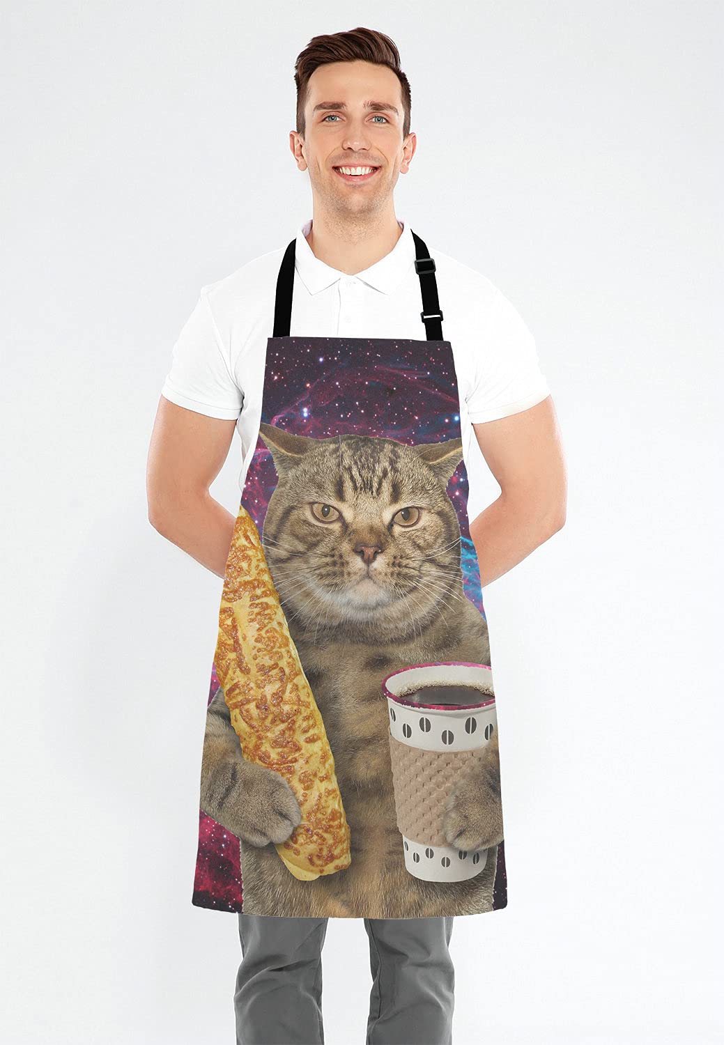 Lefolen Funny Galaxy Cat Adjustable Bib Apron, The cat is holding a cup of black coffee and a baguette Cooking Kitchen Apron for Men Women