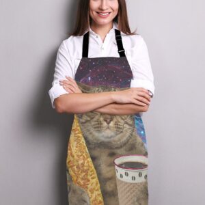 Lefolen Funny Galaxy Cat Adjustable Bib Apron, The cat is holding a cup of black coffee and a baguette Cooking Kitchen Apron for Men Women
