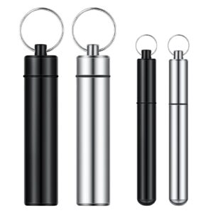 4 pieces 2 sizes metal portable toothpick holder, aluminum alloy pocket toothpick holder aluminum waterproof case toothpick container with keychain for outdoor picnic and camping (silver, black)