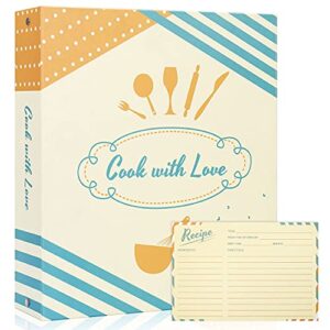 recipe binder kit with cards - 3 ring full page recipe book binder 8.5"x11", 60 4x6 recipe cards, card protectors, dividers and labels for family recipe organizer, cook with love design