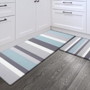 sunlit set of 2 anti fatigue kitchen floor mat, non slip waterproof comfort standing mat, 0.4inch thick cushioned anti fatigue kitchen rug runner, aqua blue gray stripes(size:17"x28"&17"x47")