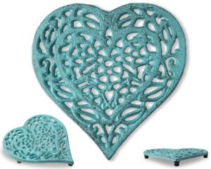 cast iron heart trivet | decorative cast iron trivet for kitchen countertop or dining table | vintage design | 6.75x6.5 | with rubber pegs/feet - recycled metal | blue color