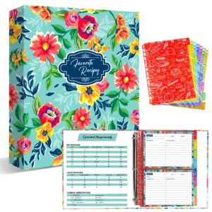 recipe binder, 9.5 inch x 11 inch 3 ring recipe binder kit with 50 plastic protectors, 100 5 inch x 7 inch recipe cards & 8 category divider tabs, organizer set watercolor floral in blue design (xl)