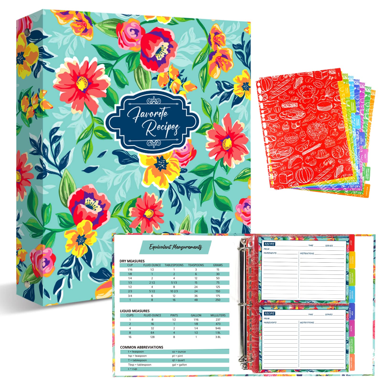 Recipe Binder, 9.5 inch x 11 inch 3 Ring Recipe Binder Kit with 50 Plastic Protectors, 100 5 inch x 7 inch Recipe Cards & 8 Category Divider Tabs, Organizer Set Watercolor Floral in Blue Design (XL)