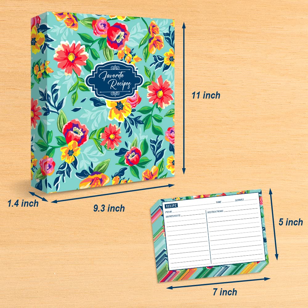 Recipe Binder, 9.5 inch x 11 inch 3 Ring Recipe Binder Kit with 50 Plastic Protectors, 100 5 inch x 7 inch Recipe Cards & 8 Category Divider Tabs, Organizer Set Watercolor Floral in Blue Design (XL)