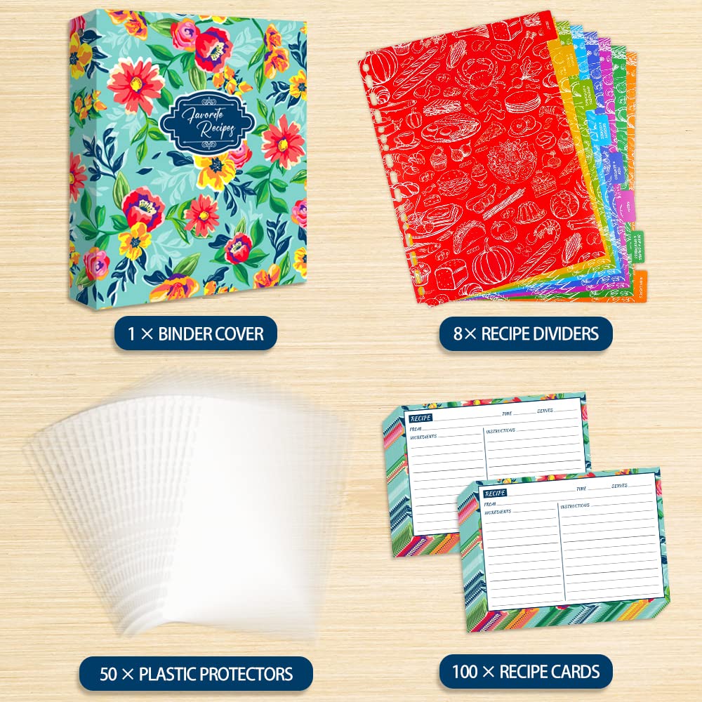 Recipe Binder, 9.5 inch x 11 inch 3 Ring Recipe Binder Kit with 50 Plastic Protectors, 100 5 inch x 7 inch Recipe Cards & 8 Category Divider Tabs, Organizer Set Watercolor Floral in Blue Design (XL)