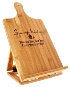 granny’s recipe cookbook holder stand gift - custom engraved bamboo cutting board foldable chef easel metal hinges kickstand ipad tablet compatible christmas birthday kitchen decor design (7.25x13.5)