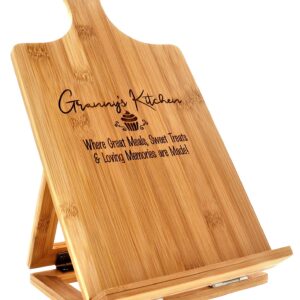 Granny’s Recipe Cookbook Holder Stand Gift - Custom Engraved Bamboo Cutting Board Foldable Chef Easel Metal Hinges Kickstand iPad Tablet Compatible Christmas Birthday Kitchen Decor Design (7.25x13.5)