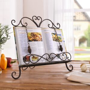 westcharm holiday gift - antique metal kitchen cookbook stand, recipe book holder, ipad holder, cookery book easel with weighted chains, rustic dark brown