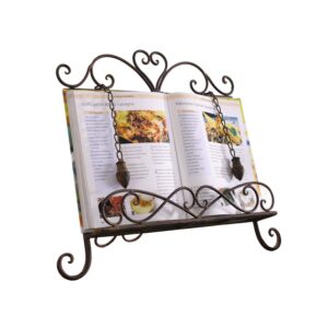 Westcharm Holiday Gift - Antique Metal Kitchen Cookbook Stand, Recipe Book Holder, iPad Holder, Cookery Book Easel with Weighted Chains, Rustic Dark Brown
