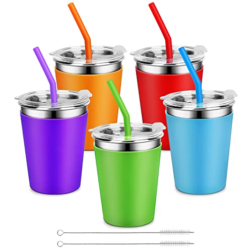 Yummy Sam 5 Pack Kids Cups with Straws and Lids 12 oz Stainless Steel Spillproof Unbreakable Water Drinking Bottle with Non-Slip Heat Insulation Sleeves for Children Adult School Outdoor Home Use