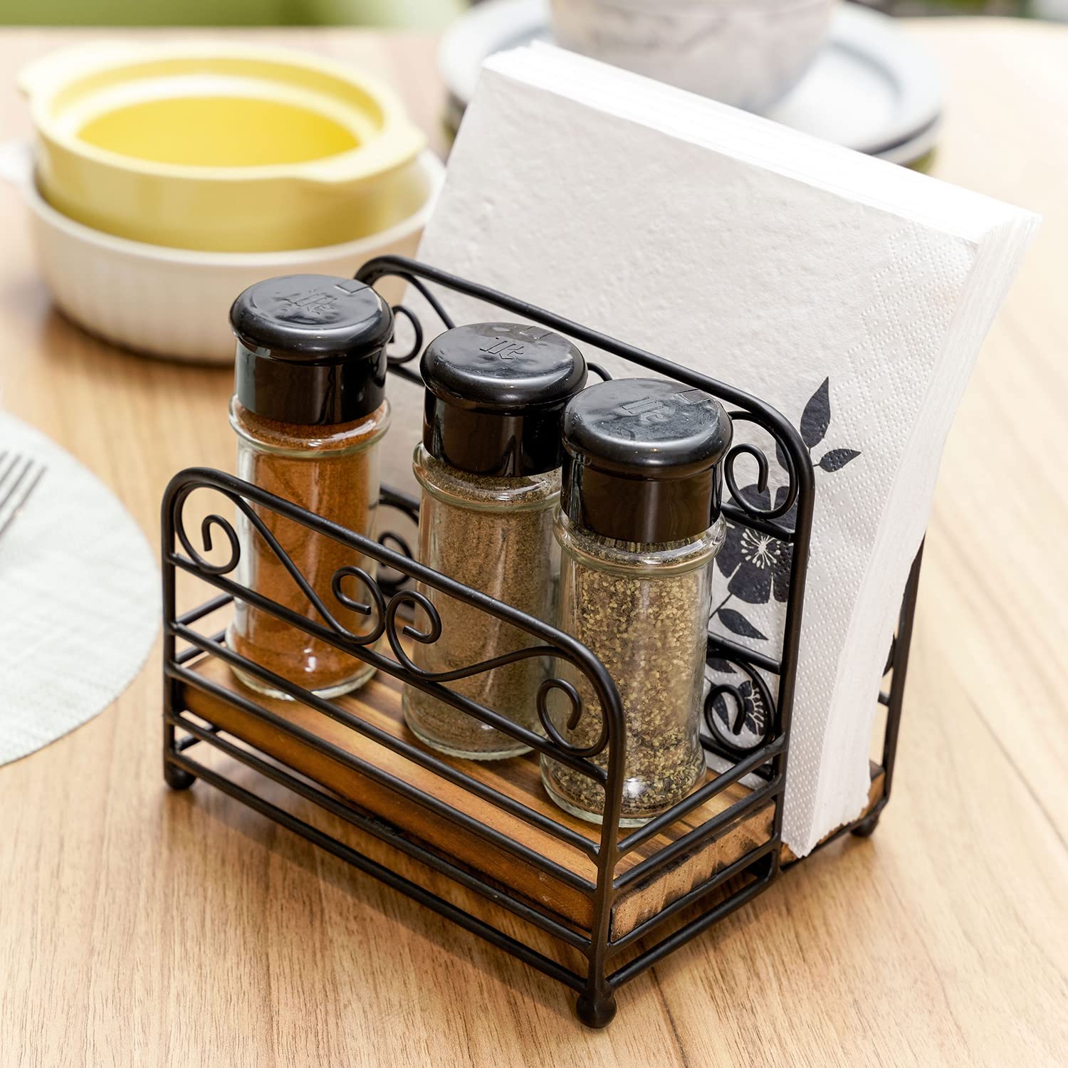 MyGift Black Metal and Burnt Wood Napkin Holder and Salt and Pepper Holder Caddy, Table Spice Jars and Condiment Napkin Rack with Vintage Scrollwork Design