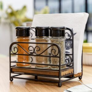 MyGift Black Metal and Burnt Wood Napkin Holder and Salt and Pepper Holder Caddy, Table Spice Jars and Condiment Napkin Rack with Vintage Scrollwork Design