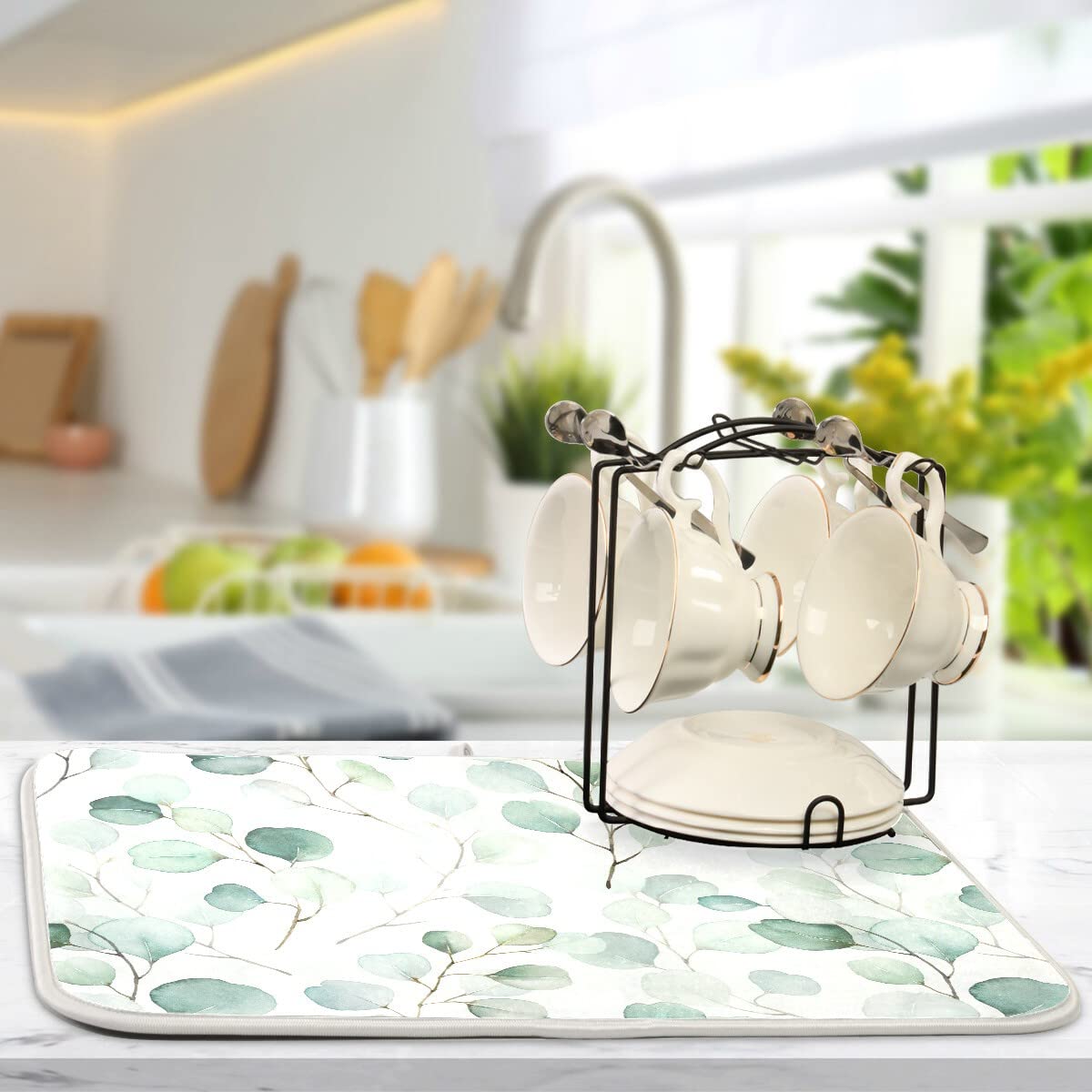 Green Leaves Dish Drying Mat 16x18 for Kitchen Counter Watercolor Herbs Women Kitchen Drying Mats Dishes Pad Absorbent Fast Dry Dish Draining Mats Medium Kitchen Accessories