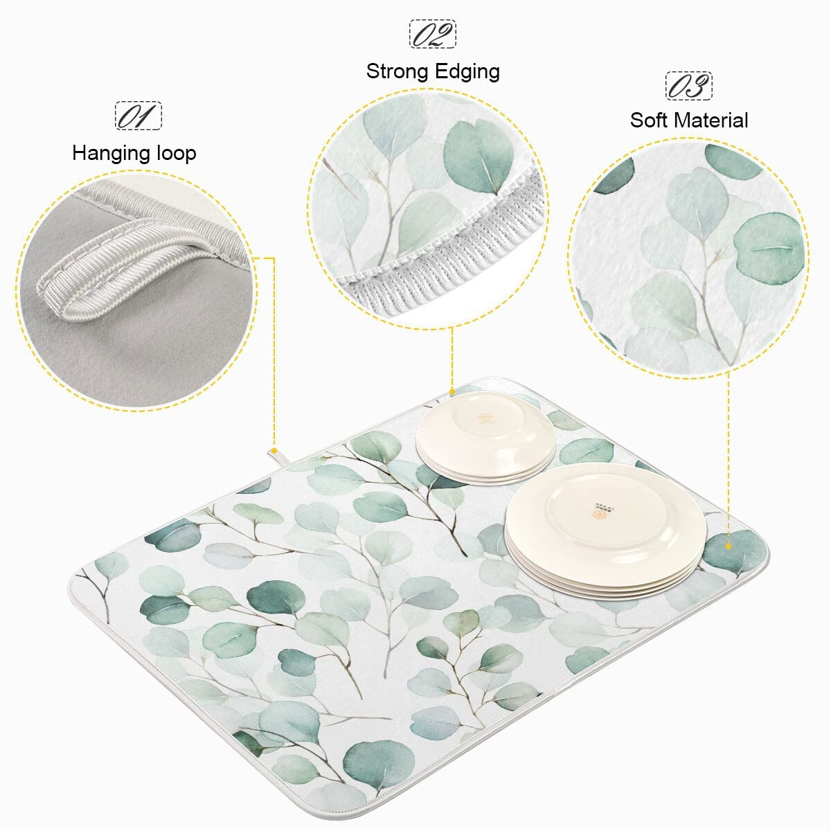 Green Leaves Dish Drying Mat 16x18 for Kitchen Counter Watercolor Herbs Women Kitchen Drying Mats Dishes Pad Absorbent Fast Dry Dish Draining Mats Medium Kitchen Accessories