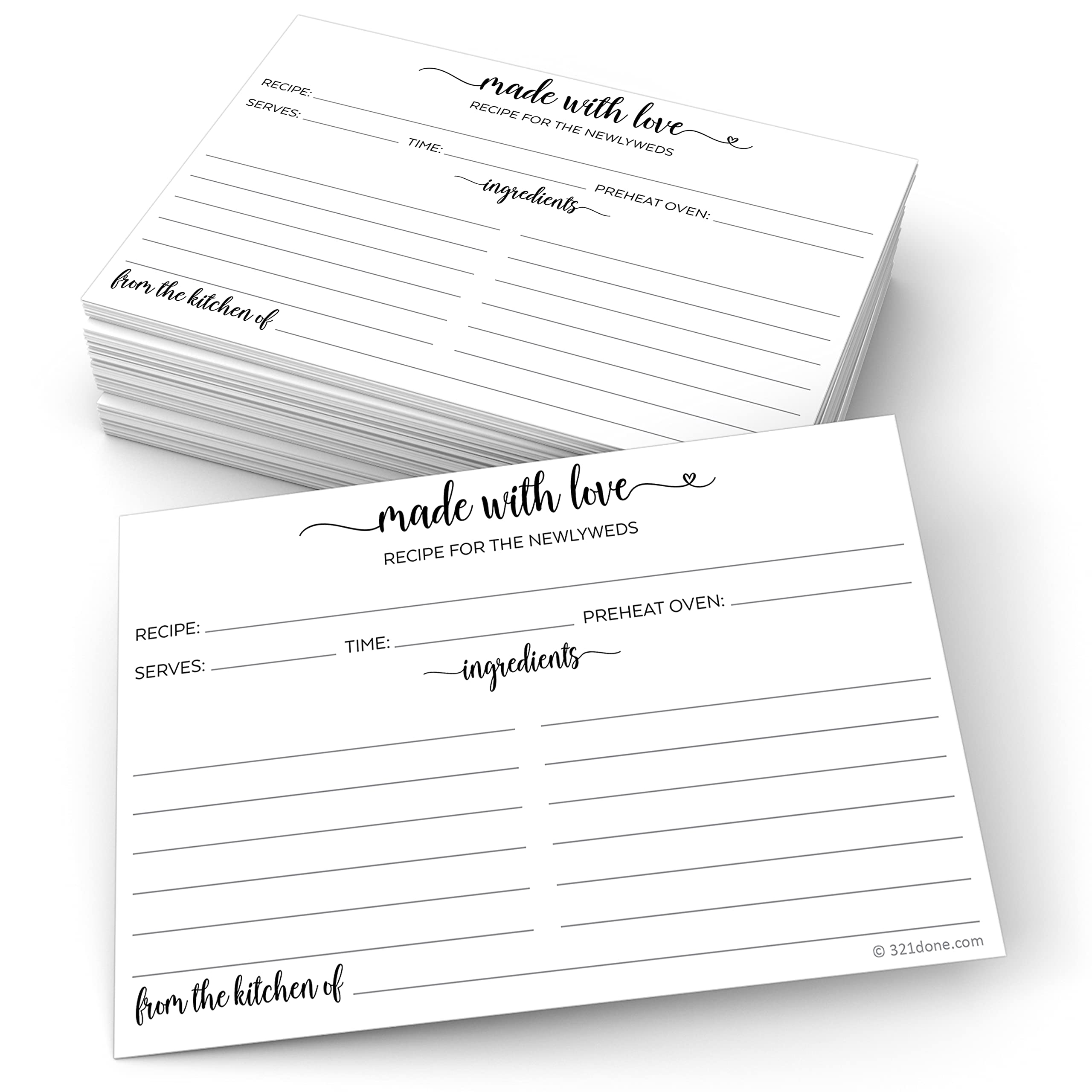 321Done Newlyweds Recipe Cards (Set of 50) 4x6 White - Cute, Modern Made with Love Heart Calligraphy Design - Double-Sided - For Weddings, Bridal Shower, Bridal Recipe Book - Made in the USA