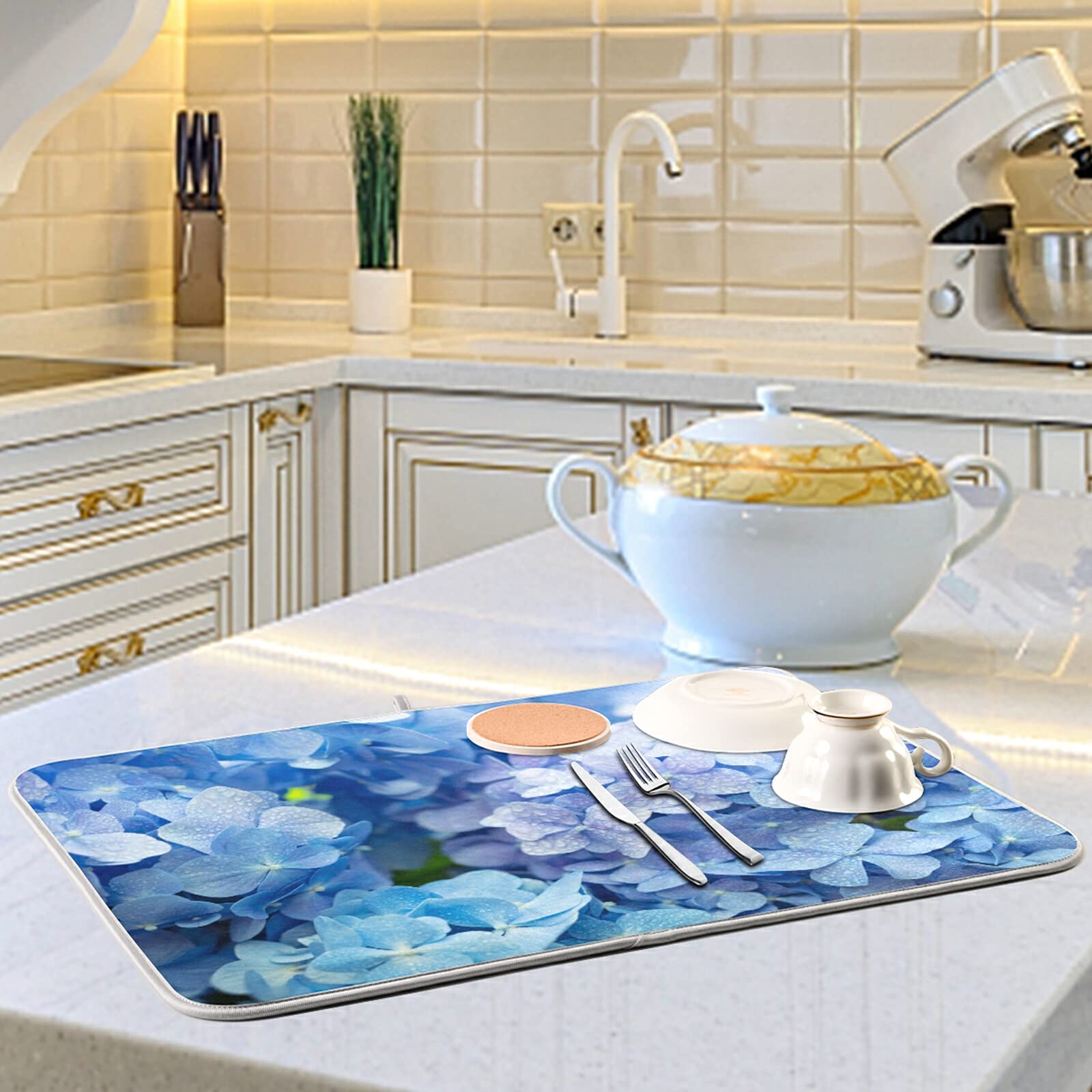 Tarity Blue Hydrangeas Dish Drying Mats for Kitchen Counter Large 18x24in Dish Drying Mat Pad High Absorbent Microfiber Sink Mat Dish Drainer Mat Drying Drying Pad for Kitchen Countertop