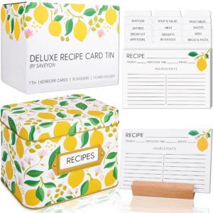 saveyon lemon recipe box with cards and dividers - 60 lemon decor recipe card gift box with 15 recipe card dividers and wooden recipe card holder | lemon recipe card box, lemon recipe tin