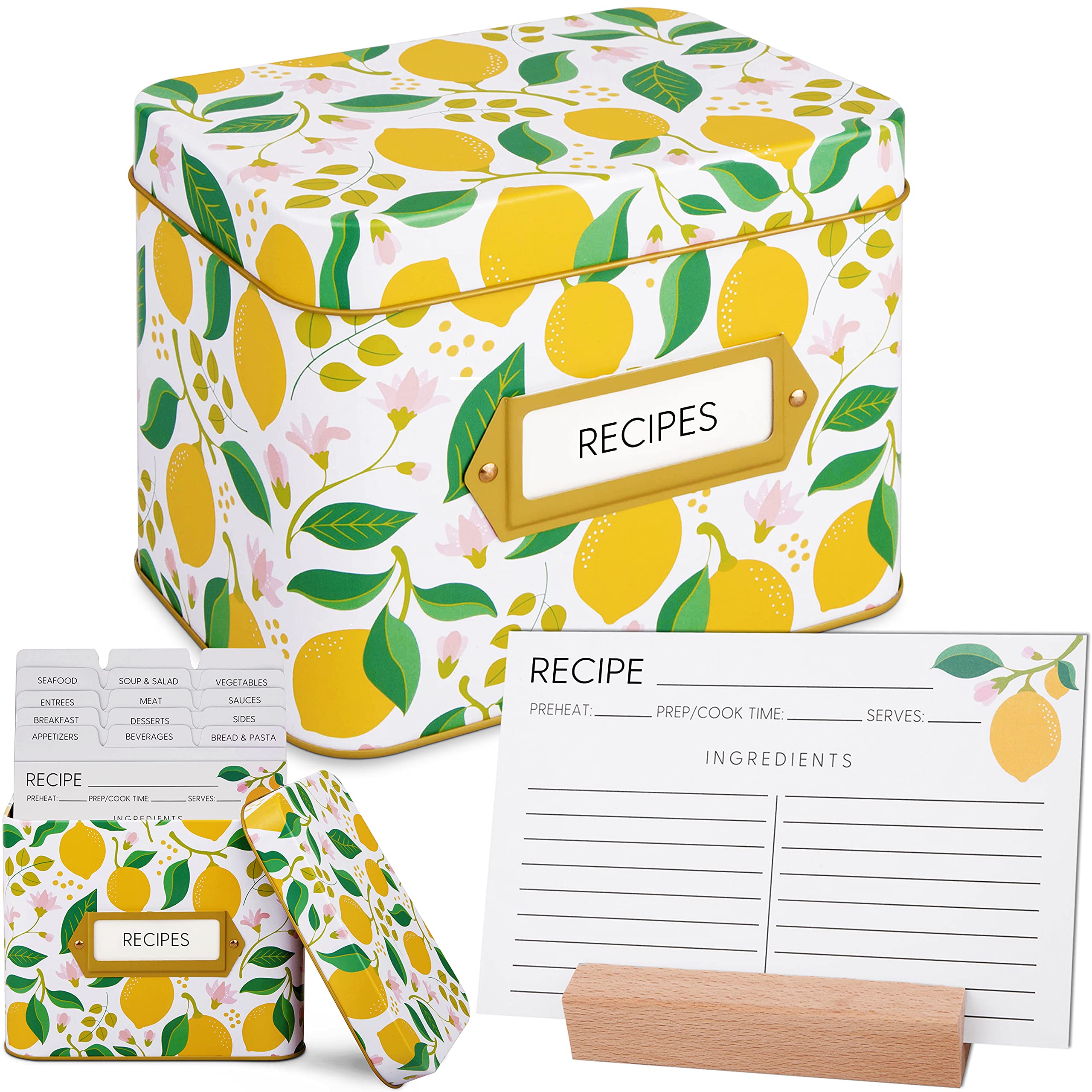 SAVEYON Lemon Recipe Box with Cards and Dividers - 60 Lemon Decor Recipe Card Gift Box with 15 Recipe Card Dividers and Wooden Recipe Card Holder | Lemon Recipe Card Box, Lemon Recipe Tin