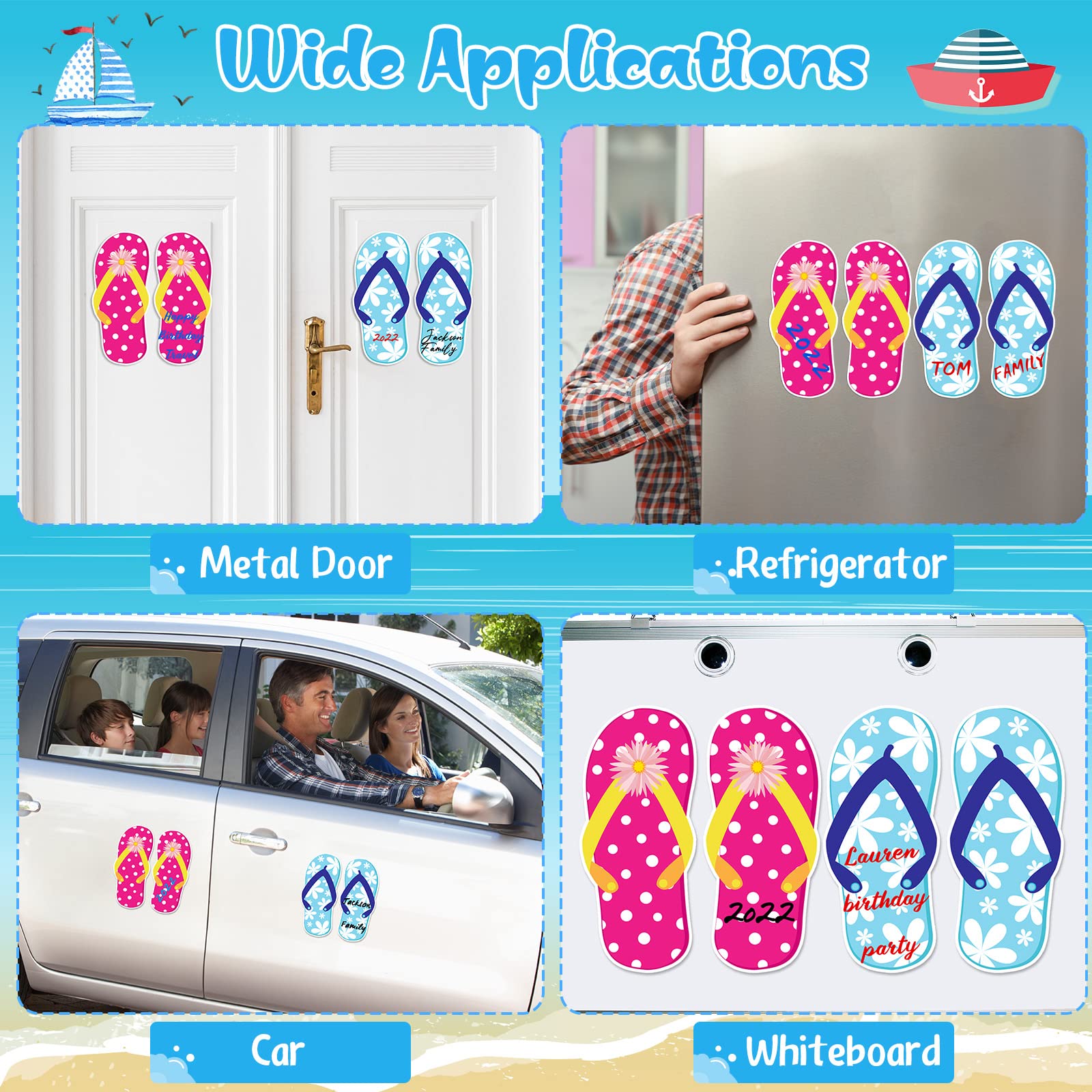 2 Pairs Cruise Door Magnet Hawaii Flip Flop Car Magnets with 3 Pcs Paint Pens Aloha Beach Stickers Nautical Cruise Door Decorations Door Magnets Fridge Decor for Carnival Cruise Refrigerator