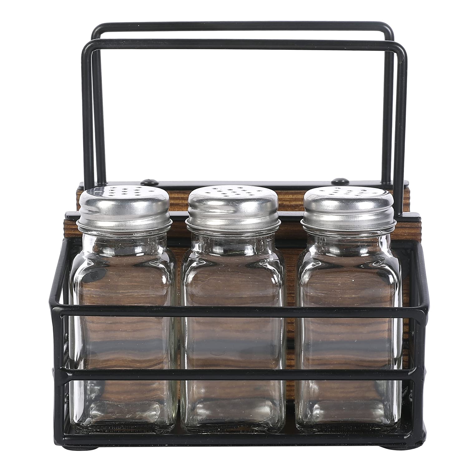 MyGift Rustic Tabletop Caddy, Brown Wood and Black Metal Wire Napkin Holder with 3 Glass Seasoning/Salt and Pepper Shakers